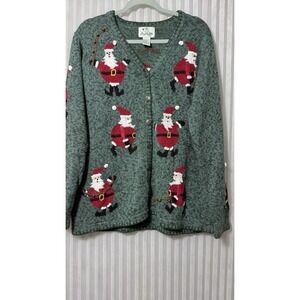 Vintage Quacker Factory Sweater Womens Large Santa Claus Christmas Cardigan Bell
